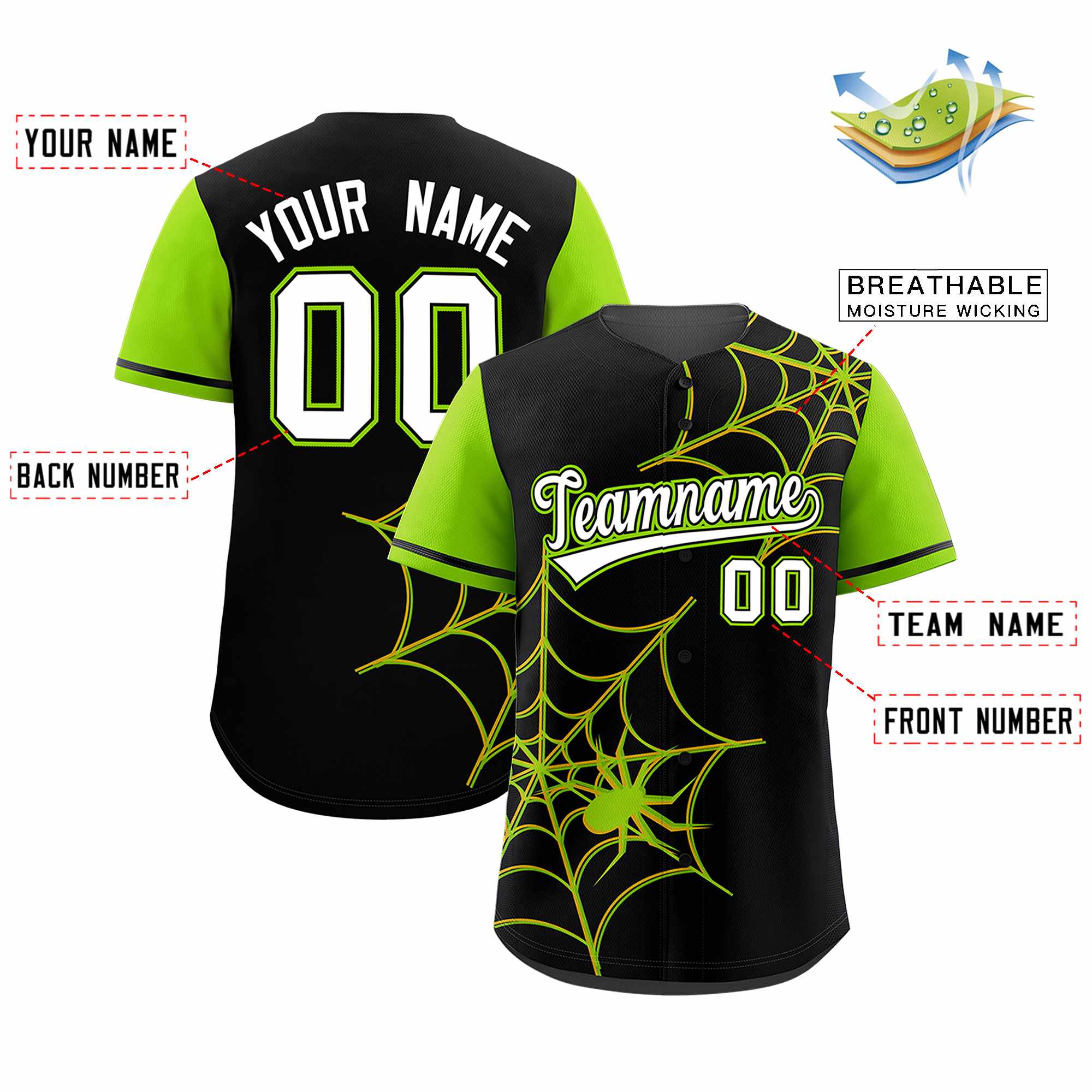 Custom Black-Neon Green Spider Web Pattern Raglan Sleeves Authentic Baseball Jersey