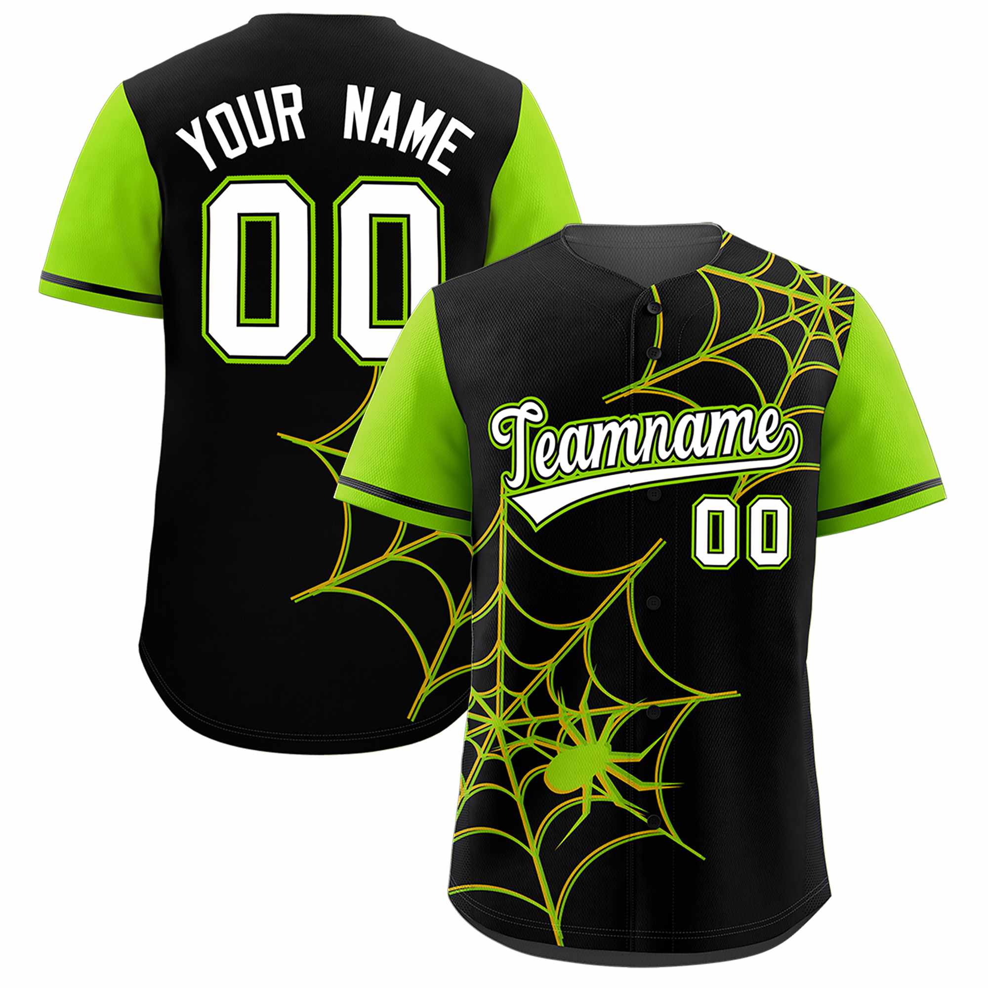 Custom Black-Neon Green Spider Web Pattern Raglan Sleeves Authentic Baseball Jersey