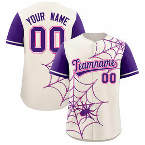 Custom Cream-Purple Spider Web Pattern Raglan Sleeves Authentic Baseball Jersey