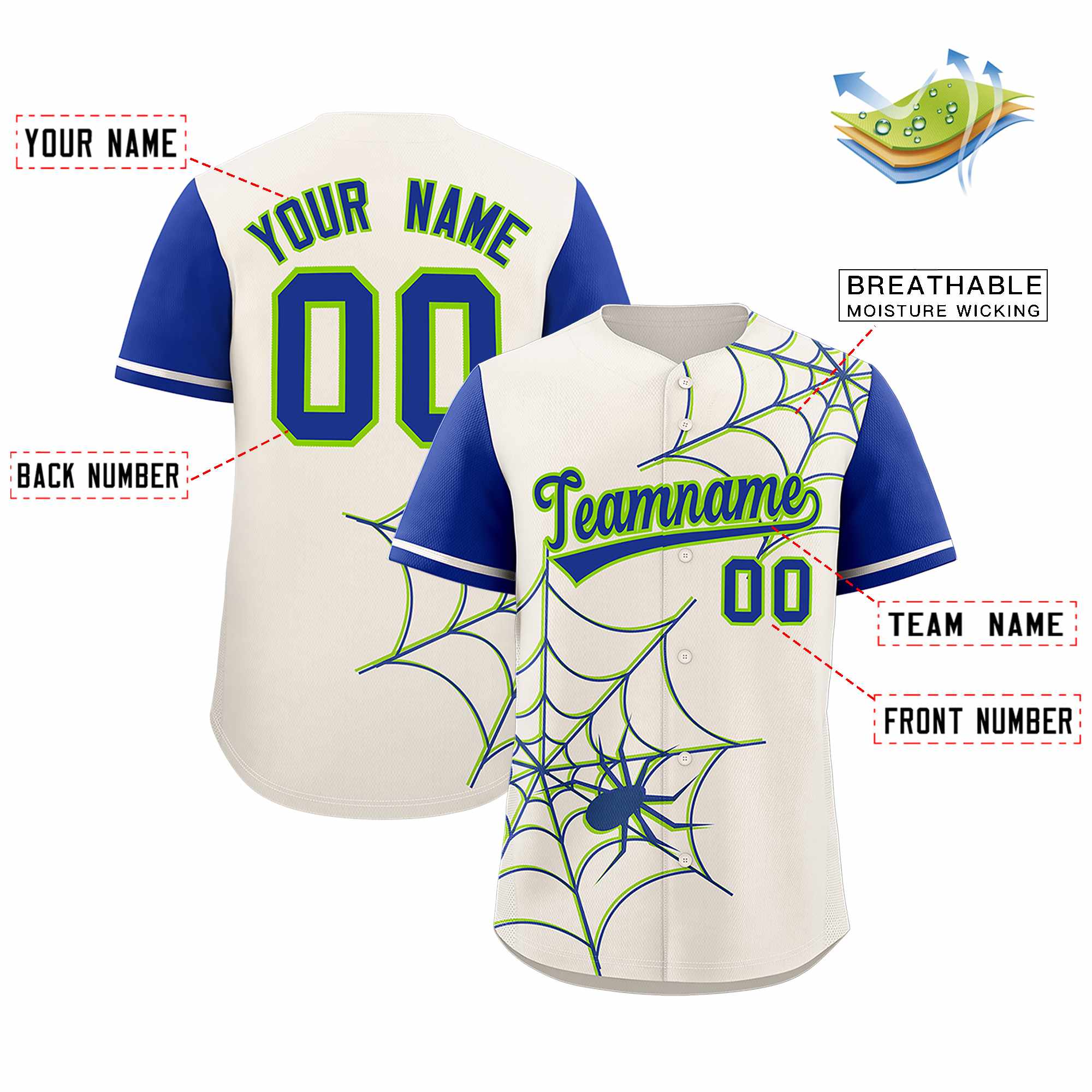 Custom Cream-Royal Spider Web Pattern Raglan Sleeves Authentic Baseball Jersey