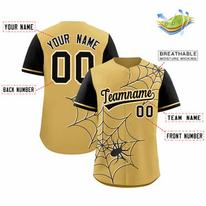 Custom Old Gold-Black Spider Web Pattern Raglan Sleeves Authentic Baseball Jersey