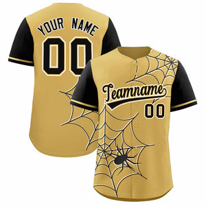 Custom Old Gold-Black Spider Web Pattern Raglan Sleeves Authentic Baseball Jersey