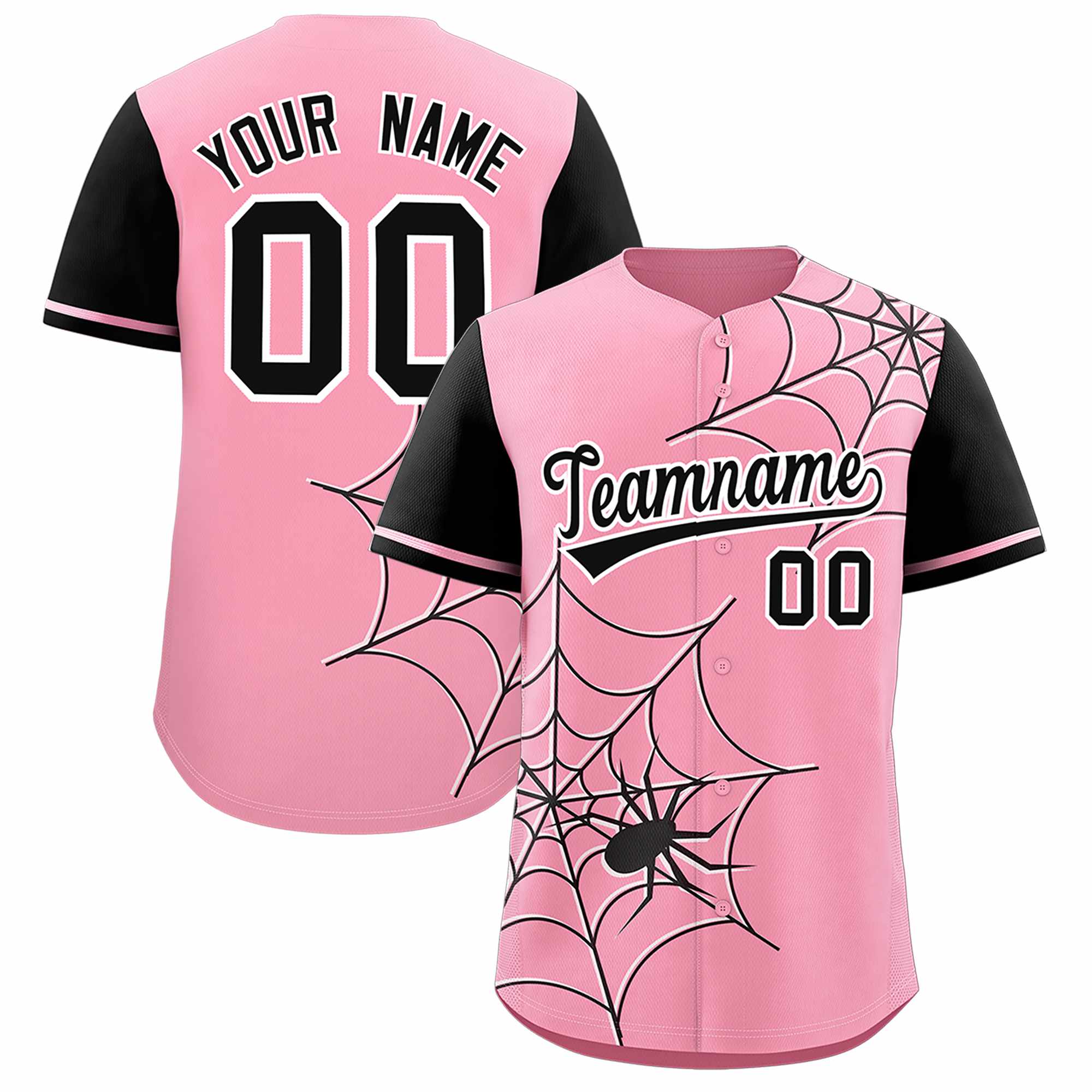 Custom Light Pink-Black Spider Web Pattern Raglan Sleeves Authentic Baseball Jersey