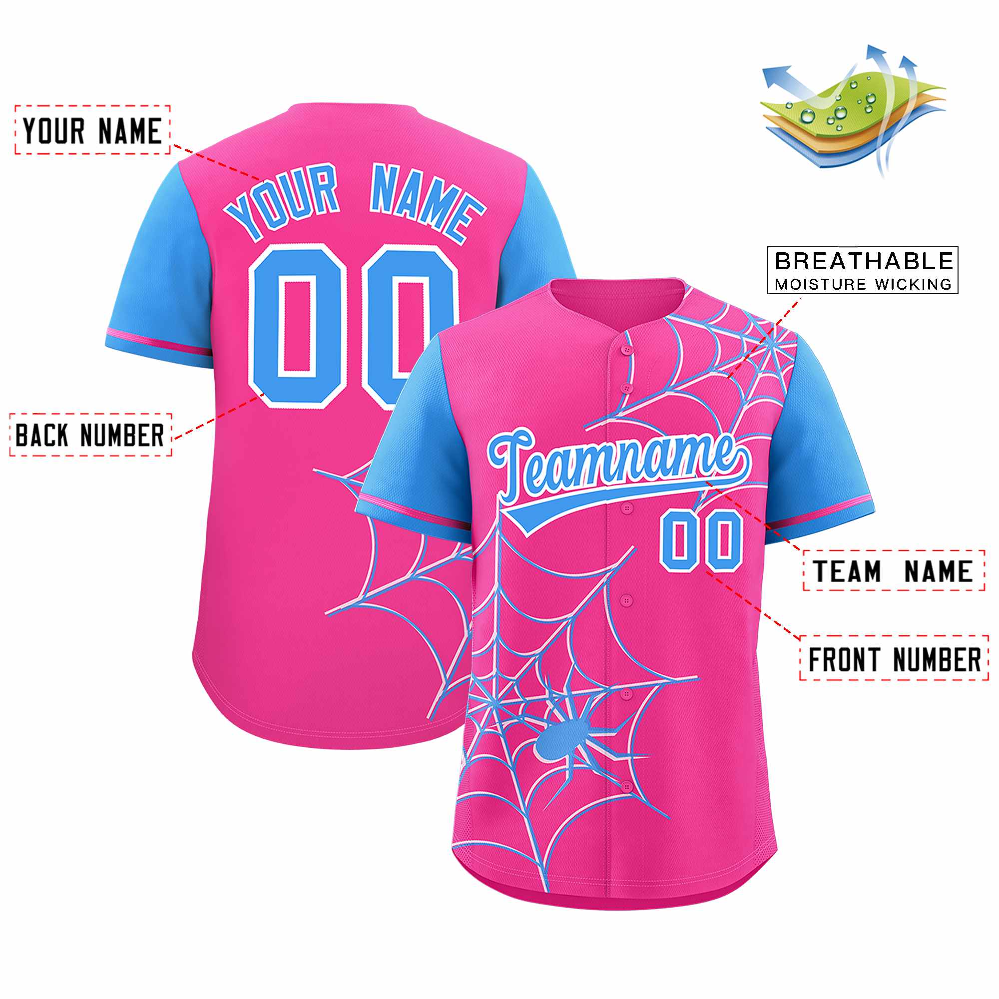 Custom Pink-Powder Blue Spider Web Pattern Raglan Sleeves Authentic Baseball Jersey