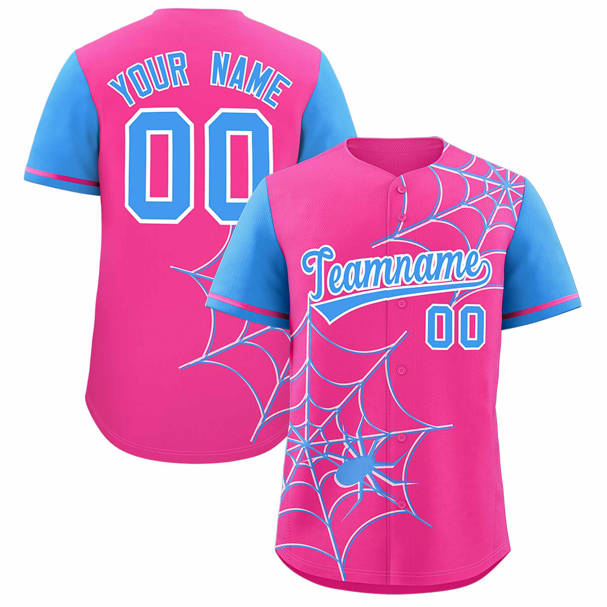 Custom Pink-Powder Blue Spider Web Pattern Raglan Sleeves Authentic Baseball Jersey