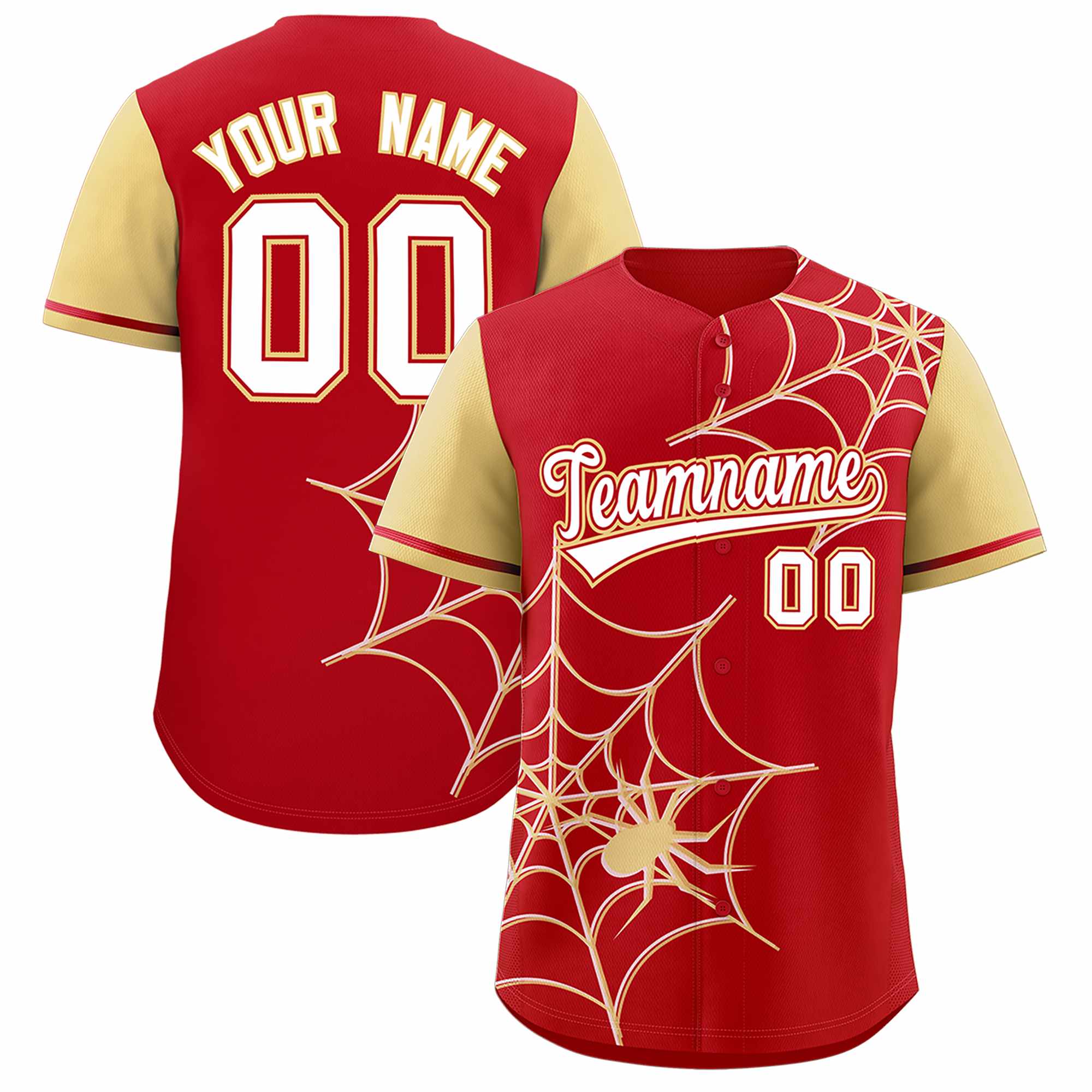 Custom Red-Khaki Spider Web Pattern Raglan Sleeves Authentic Baseball Jersey