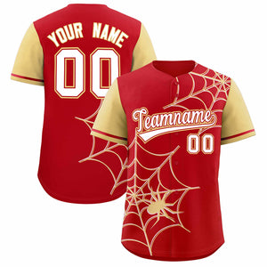 Custom Red-Khaki Spider Web Pattern Raglan Sleeves Authentic Baseball Jersey