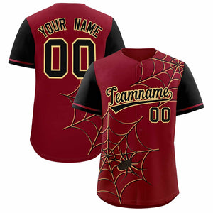 Custom Crimson-Black Spider Web Pattern Raglan Sleeves Authentic Baseball Jersey