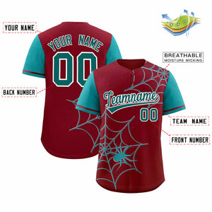 Custom Crimson-Aqua Spider Web Pattern Raglan Sleeves Authentic Baseball Jersey