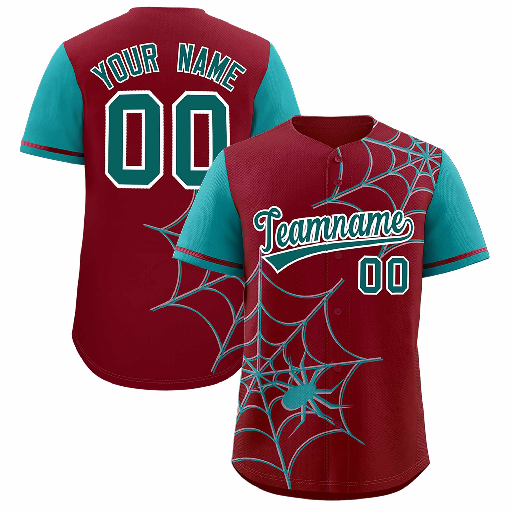 Custom Crimson-Aqua Spider Web Pattern Raglan Sleeves Authentic Baseball Jersey