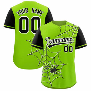 Custom Neon Green-Black Spider Web Pattern Raglan Sleeves Authentic Baseball Jersey