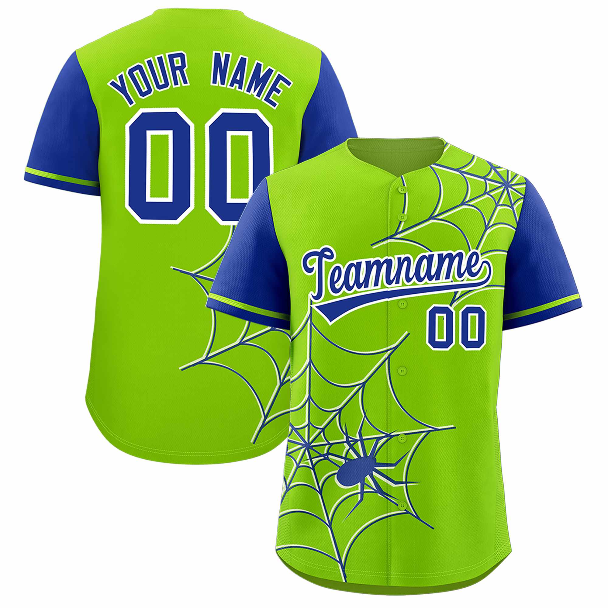 Custom Neon Green-Royal Spider Web Pattern Raglan Sleeves Authentic Baseball Jersey