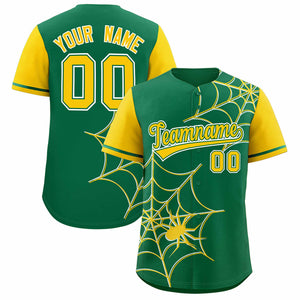 Custom Kelly Green-Gold Spider Web Pattern Raglan Sleeves Authentic Baseball Jersey