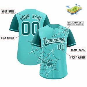 Custom Bright Green-Aqua Spider Web Pattern Raglan Sleeves Authentic Baseball Jersey