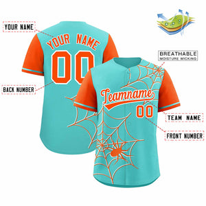 Custom Bright Green-Orange Spider Web Pattern Raglan Sleeves Authentic Baseball Jersey