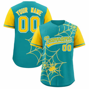 Custom Aqua-Gold Spider Web Pattern Raglan Sleeves Authentic Baseball Jersey