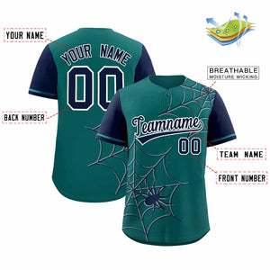 Custom Aqua-Navy Spider Web Pattern Raglan Sleeves Authentic Baseball Jersey