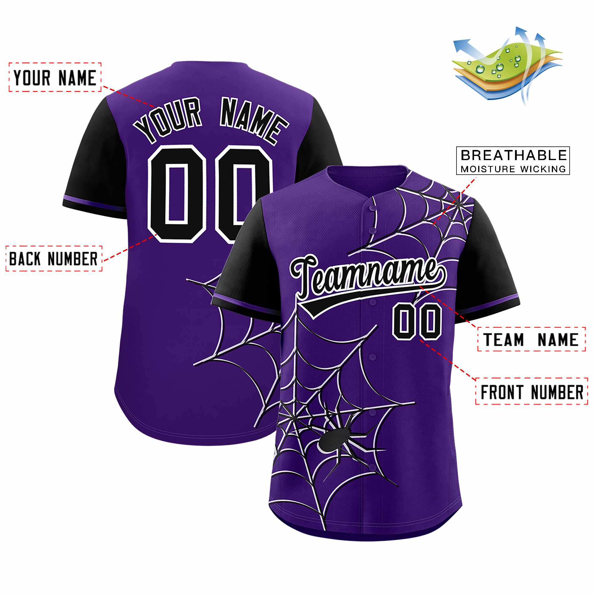 Custom Purple-Black Spider Web Pattern Raglan Sleeves Authentic Baseball Jersey