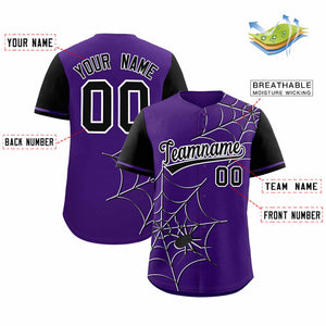 Custom Purple-Black Spider Web Pattern Raglan Sleeves Authentic Baseball Jersey