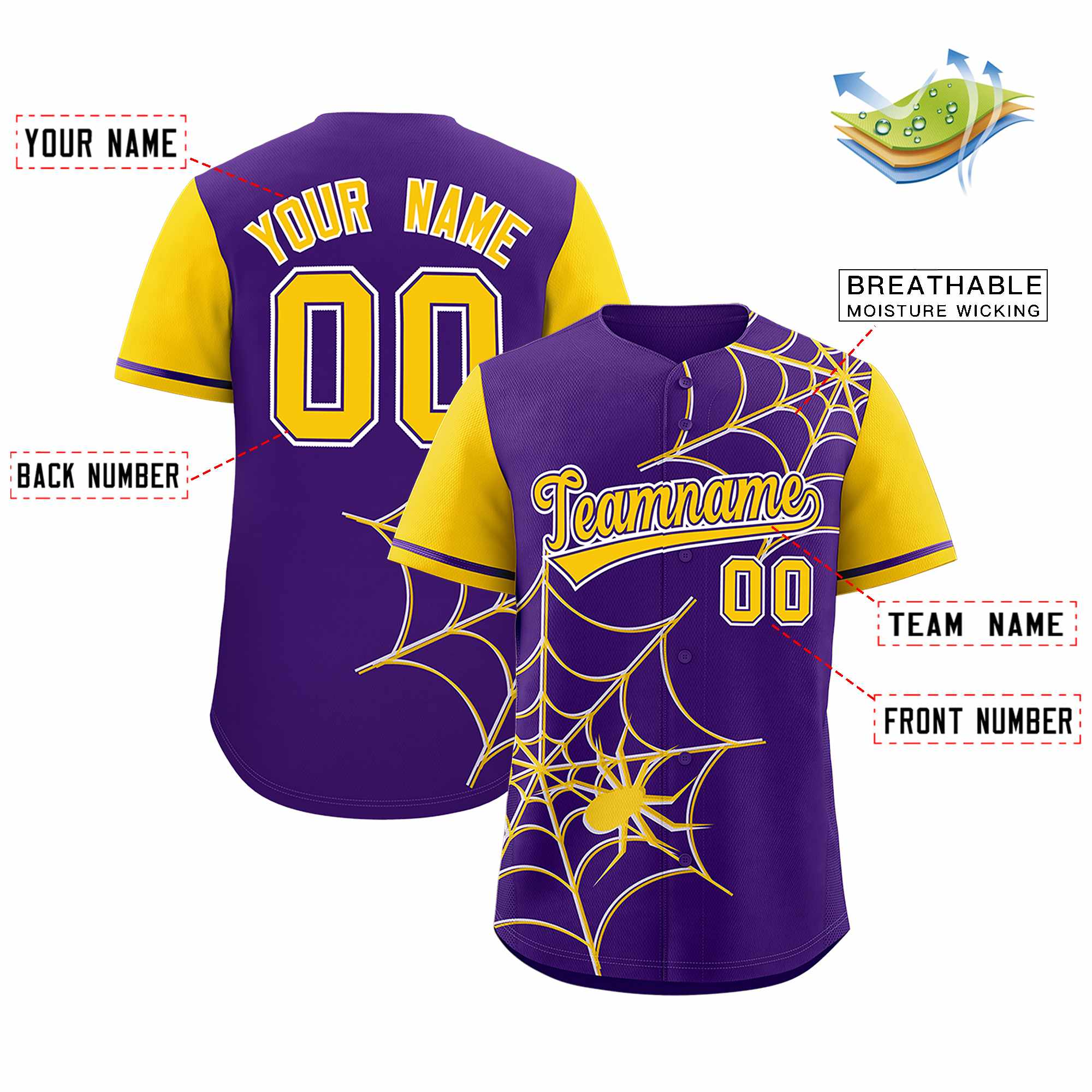 Custom Purple-Gold Spider Web Pattern Raglan Sleeves Authentic Baseball Jersey