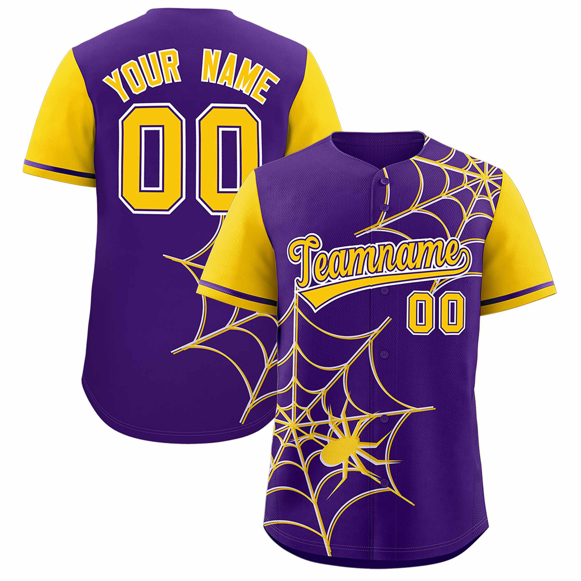 Custom Purple-Gold Spider Web Pattern Raglan Sleeves Authentic Baseball Jersey