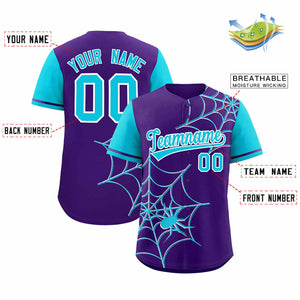 Custom Purple-Sky Blue Spider Web Pattern Raglan Sleeves Authentic Baseball Jersey