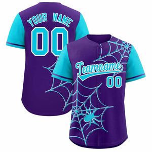 Custom Purple-Sky Blue Spider Web Pattern Raglan Sleeves Authentic Baseball Jersey