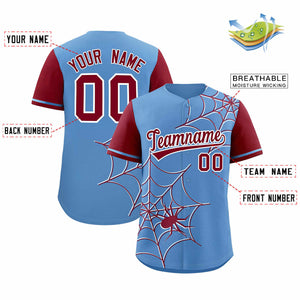 Custom Light Blue-Crimson Spider Web Pattern Raglan Sleeves Authentic Baseball Jersey