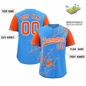 Custom Powder Blue-Orange Spider Web Pattern Raglan Sleeves Authentic Baseball Jersey