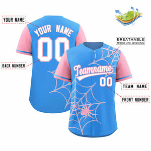 Custom Powder Blue-Light Pink Spider Web Pattern Raglan Sleeves Authentic Baseball Jersey