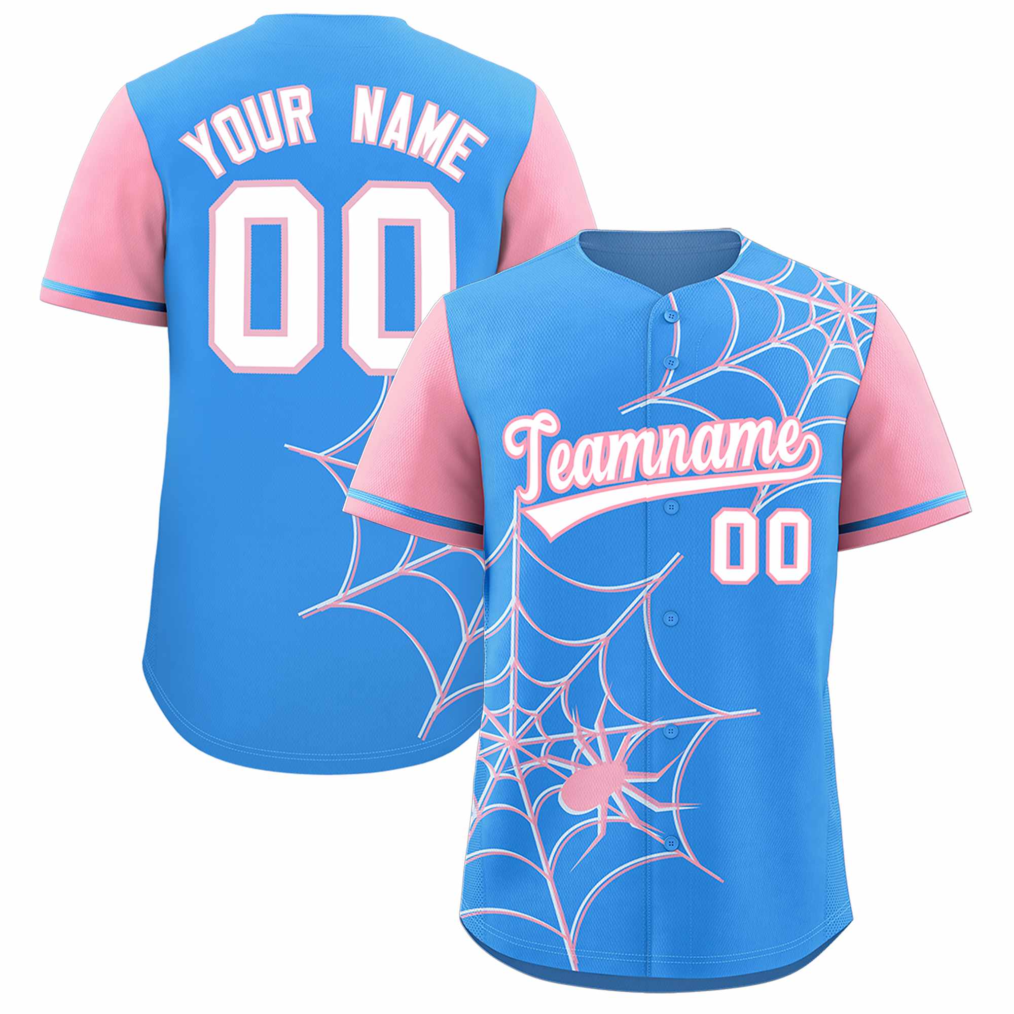 Custom Powder Blue-Light Pink Spider Web Pattern Raglan Sleeves Authentic Baseball Jersey