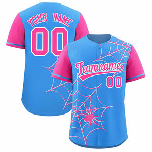 Custom Powder Blue-Pink Spider Web Pattern Raglan Sleeves Authentic Baseball Jersey