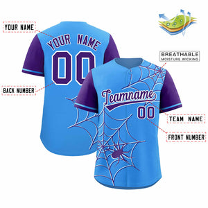 Custom Powder Blue-Purple Spider Web Pattern Raglan Sleeves Authentic Baseball Jersey