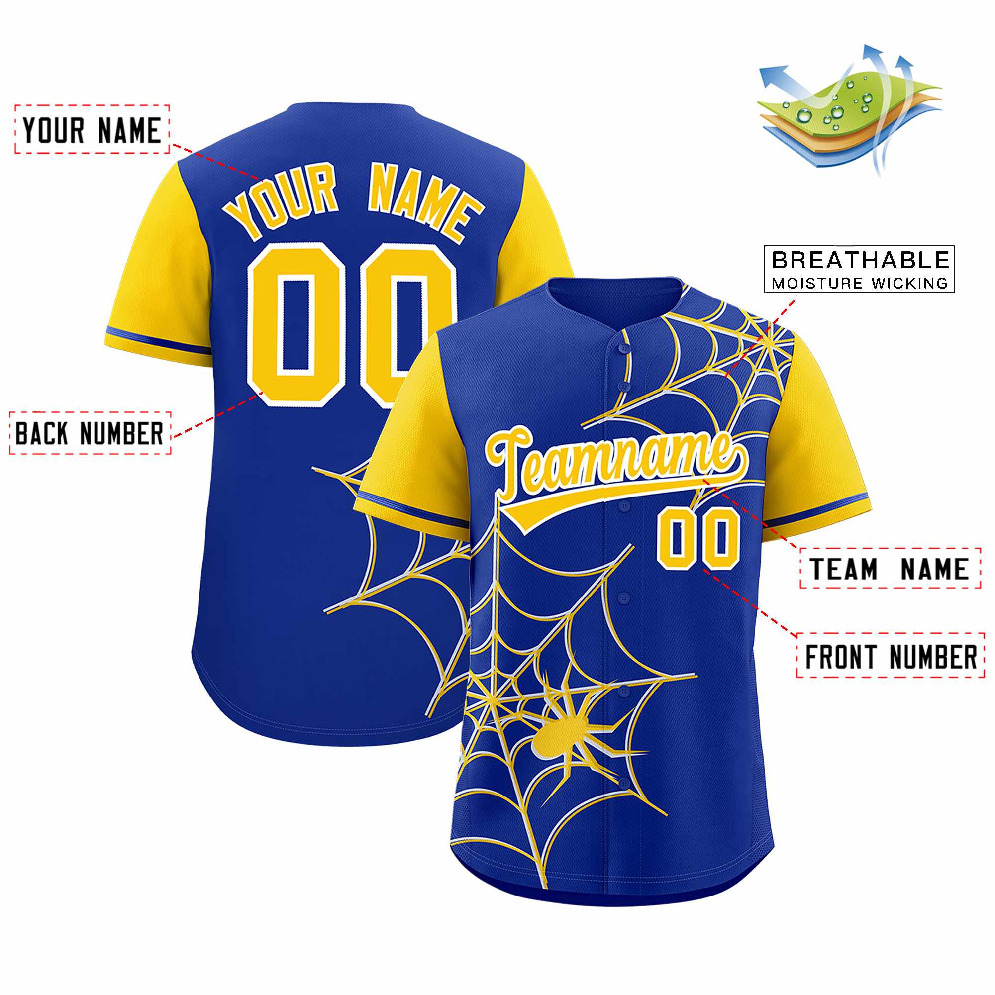 Custom Royal-Gold Spider Web Pattern Raglan Sleeves Authentic Baseball Jersey