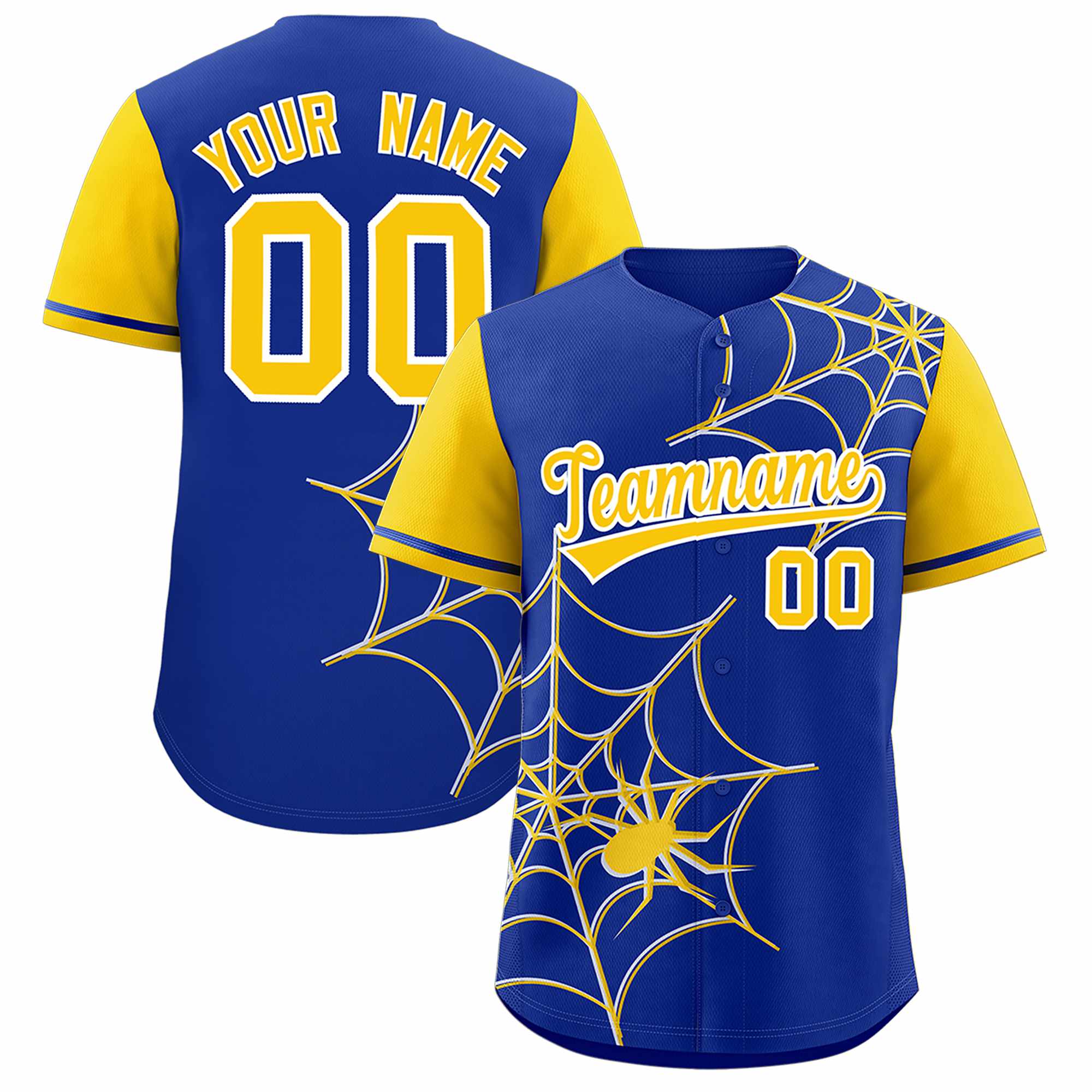 Custom Royal-Gold Spider Web Pattern Raglan Sleeves Authentic Baseball Jersey