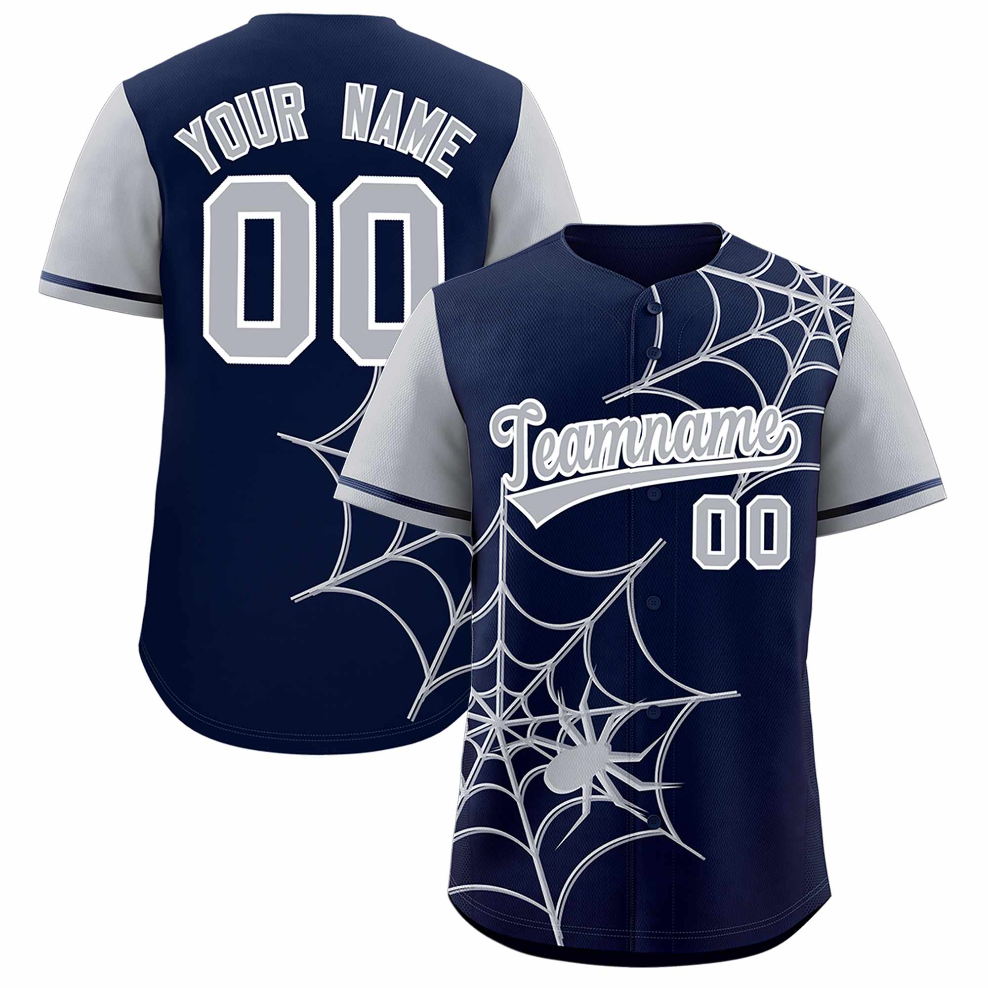 Custom Navy-Gray Spider Web Pattern Raglan Sleeves Authentic Baseball Jersey