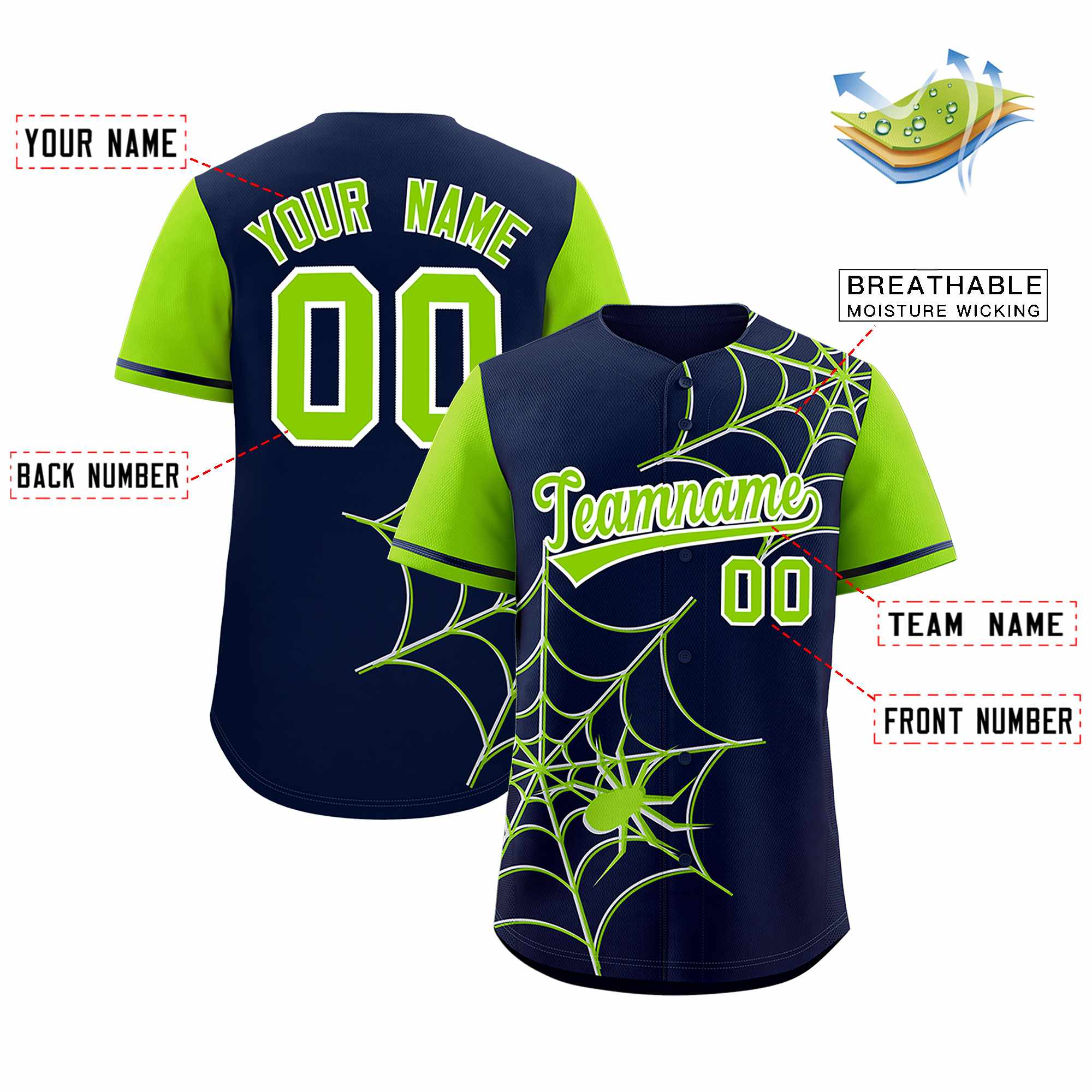 Custom Navy-Neon Green Spider Web Pattern Raglan Sleeves Authentic Baseball Jersey