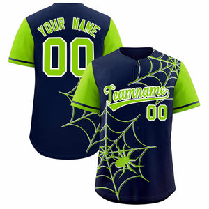 Custom Navy-Neon Green Spider Web Pattern Raglan Sleeves Authentic Baseball Jersey