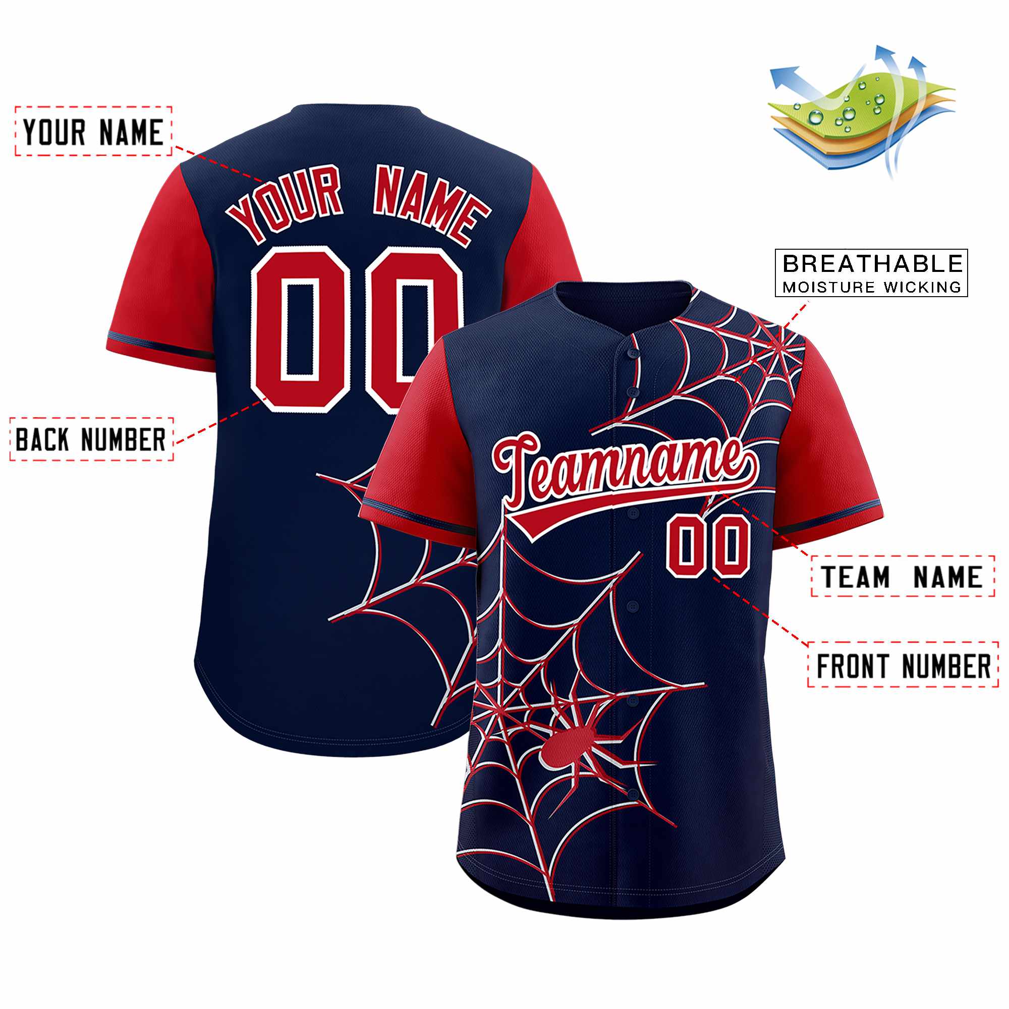 Custom Navy Red Spider Web Pattern Raglan Sleeves Authentic Baseball Jersey