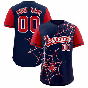 Custom Navy Red Spider Web Pattern Raglan Sleeves Authentic Baseball Jersey