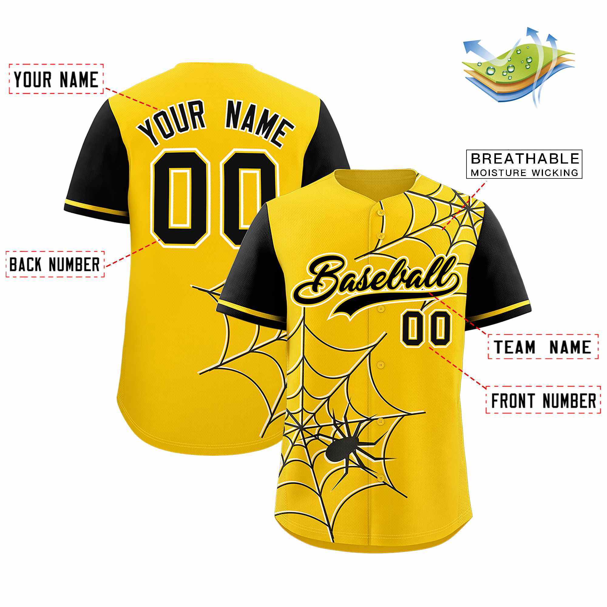 Custom Gold-Black Spider Web Pattern Raglan Sleeves Authentic Baseball Jersey