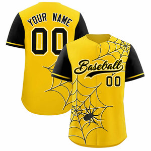 Custom Gold-Black Spider Web Pattern Raglan Sleeves Authentic Baseball Jersey