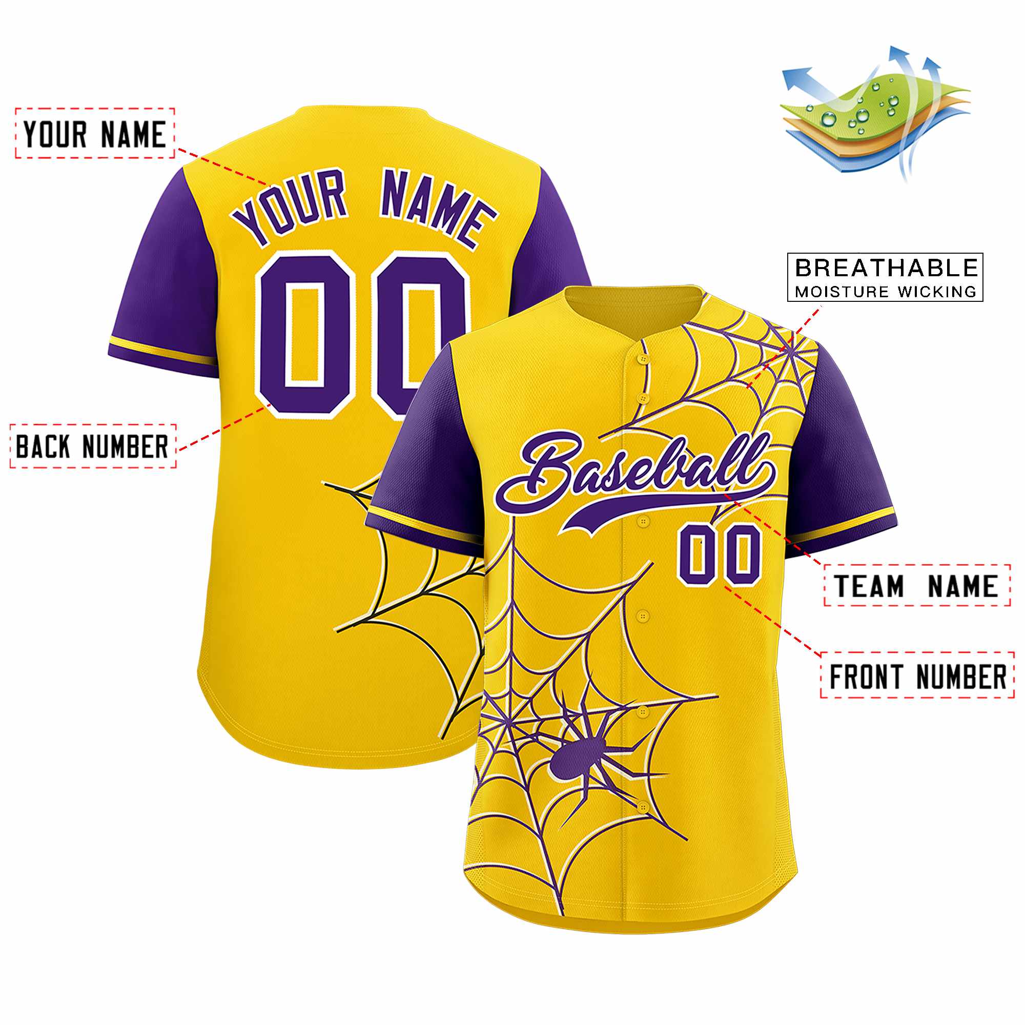 Custom Gold-Purple Spider Web Pattern Raglan Sleeves Authentic Baseball Jersey