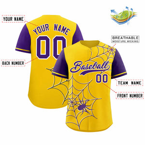 Custom Gold-Purple Spider Web Pattern Raglan Sleeves Authentic Baseball Jersey