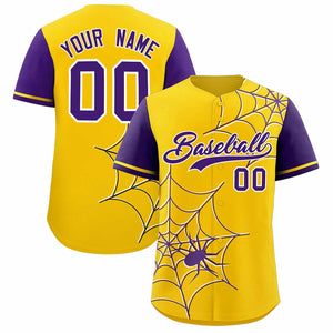 Custom Gold-Purple Spider Web Pattern Raglan Sleeves Authentic Baseball Jersey