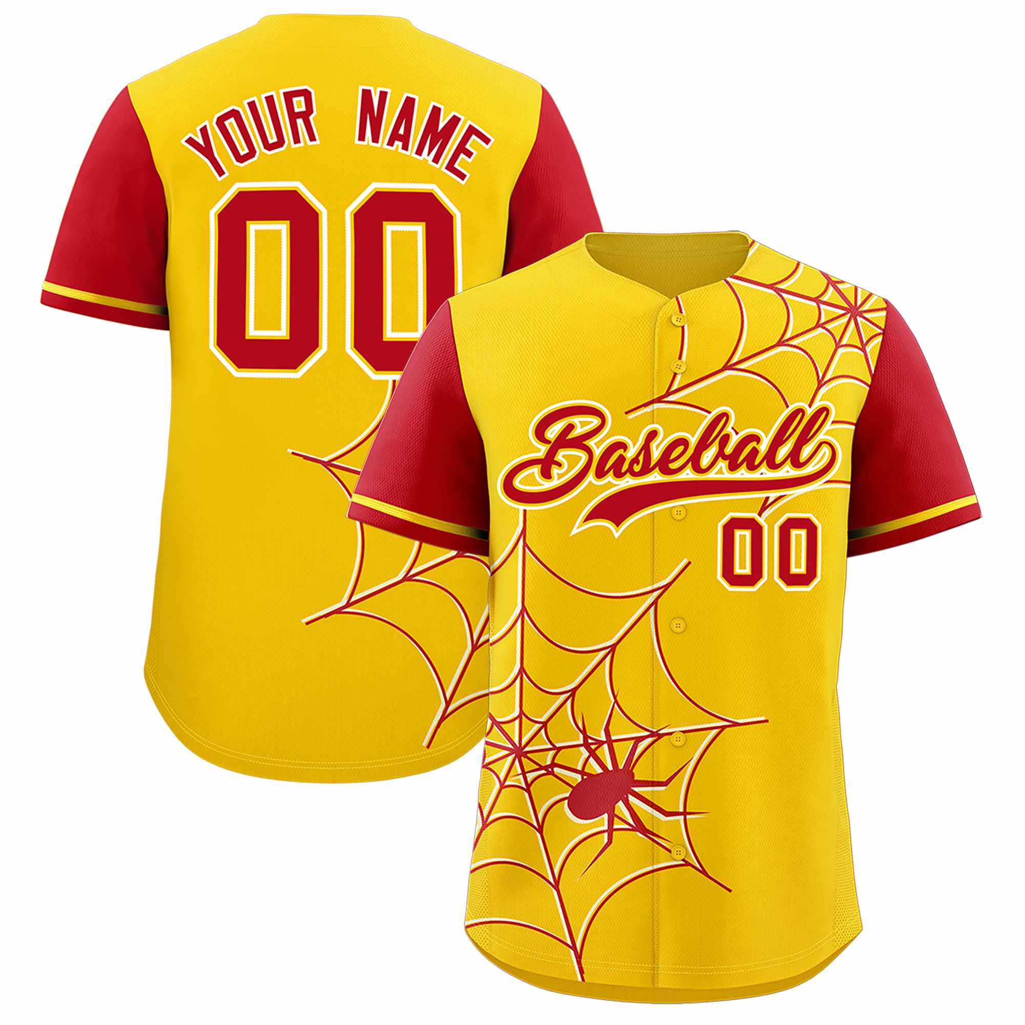 Custom Gold-Red Spider Web Pattern Raglan Sleeves Authentic Baseball Jersey