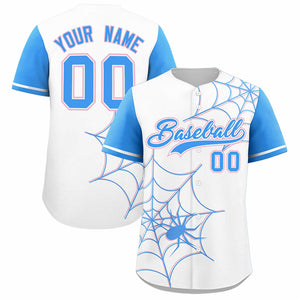 Custom White-Powder Blue Spider Web Pattern Raglan Sleeves Authentic Baseball Jersey