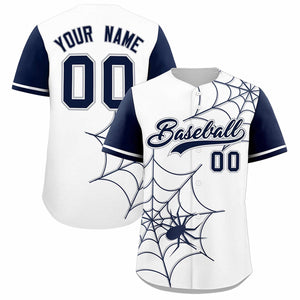 Custom White-Navy Spider Web Pattern Raglan Sleeves Authentic Baseball Jersey