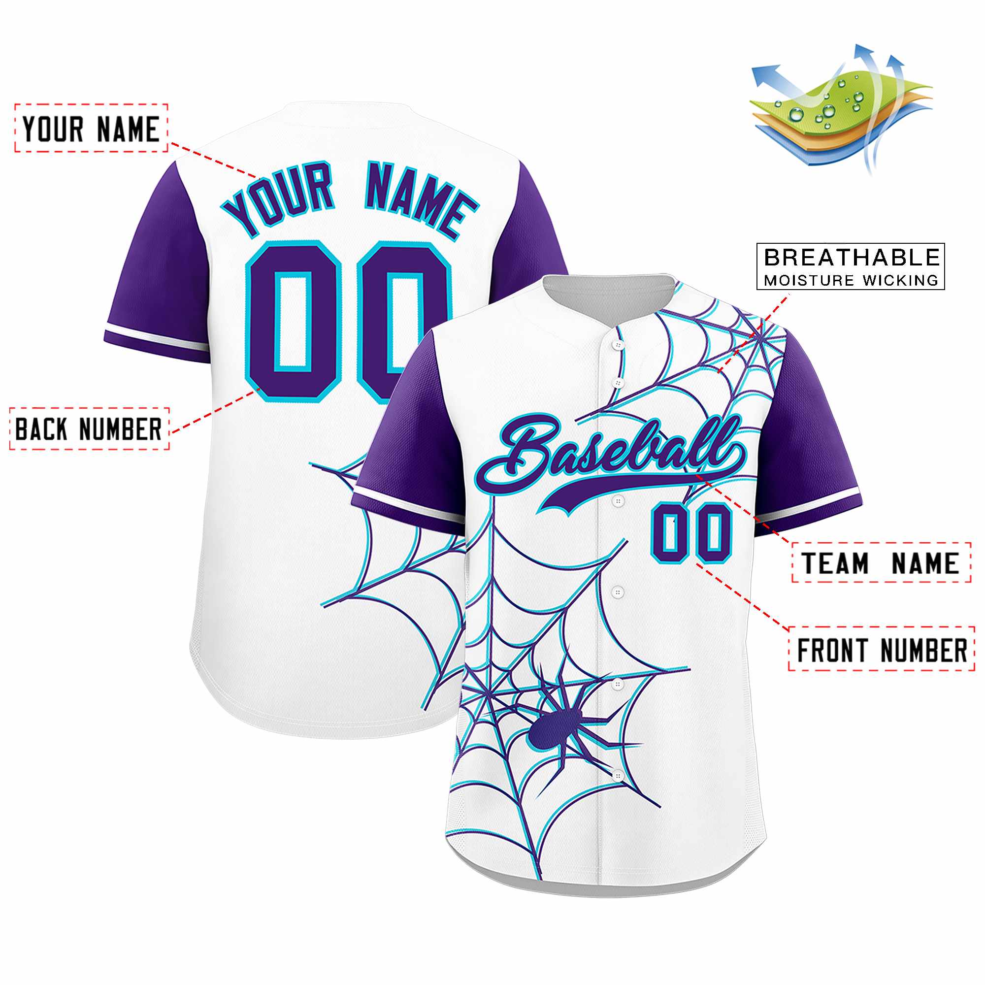 Custom White-Purple Spider Web Pattern Raglan Sleeves Authentic Baseball Jersey