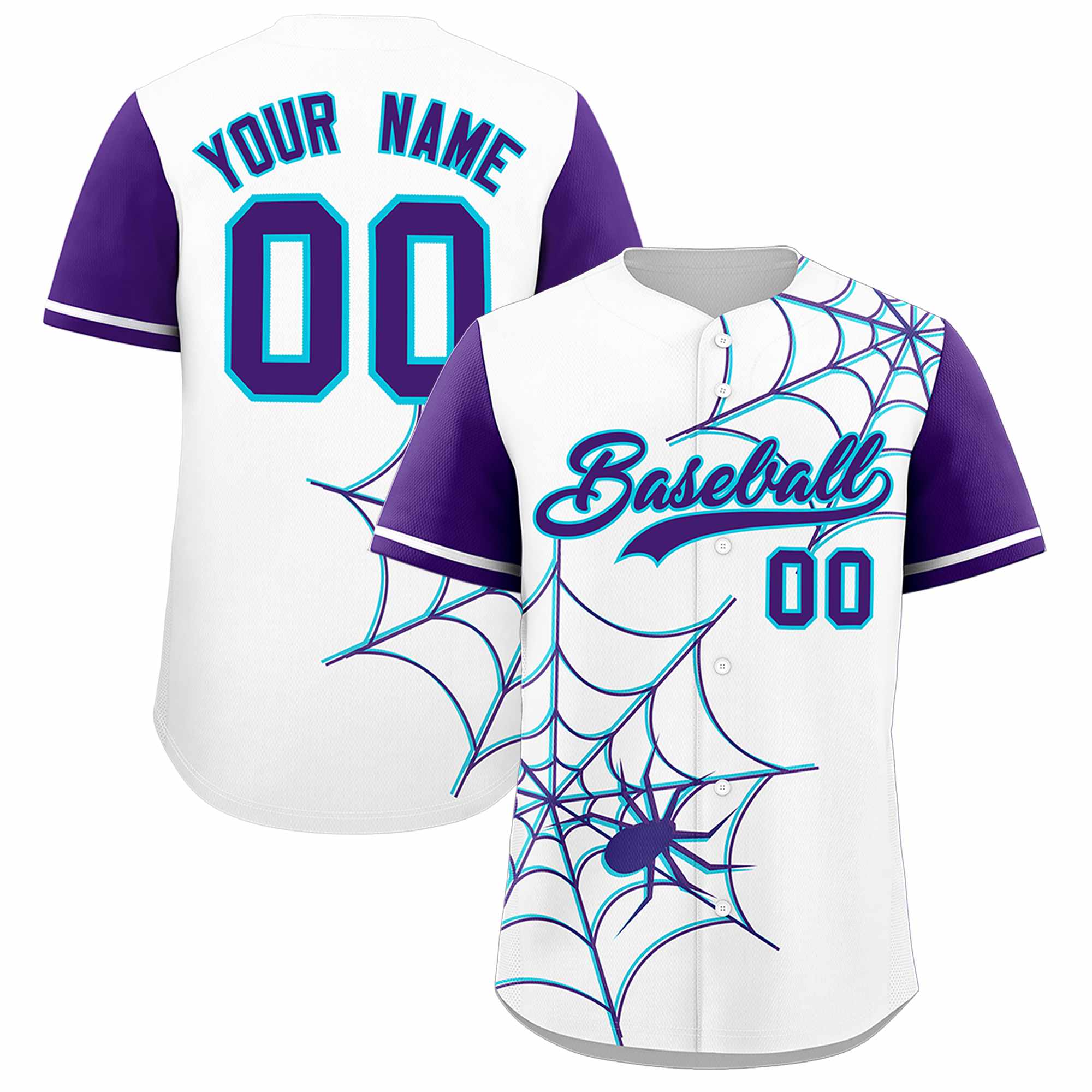 Custom White-Purple Spider Web Pattern Raglan Sleeves Authentic Baseball Jersey